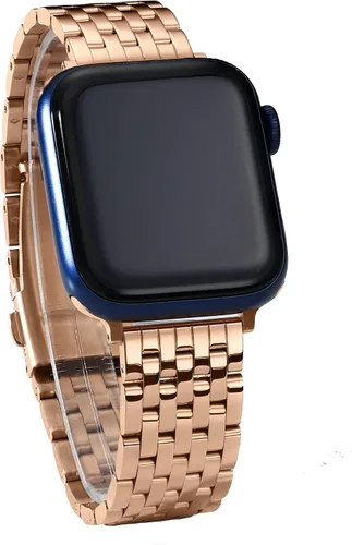 Vista 11 de Correa de reloj de siete eslabones para Apple Watch Series 11, 10, 9, 8, 7, 6, 5, 4, 3, 2, 1 y SE 3/2/1 para mujer, elegante correa de metal de Oro