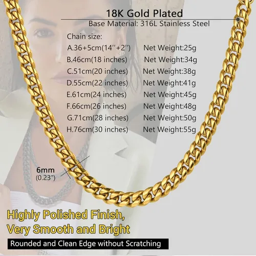 Vista 4 de PROSTEEL Trendy Cuban Links Necklace for Men Women, Black18K Gold Plated 316L Stainless Steel, W 4.8mm-14mm, L 14inch-30inch, Come Gift Box