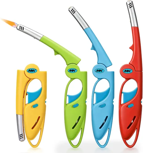 Vista 11 de MK - Encendedor largo, resistente al viento, recargable, con cuello plegable, llama ajustable, bloqueo de seguridad y ventana de combustible