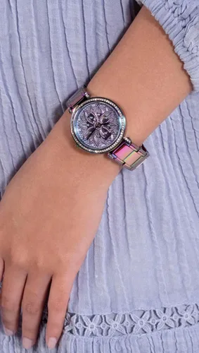 Vista 3 de GUESS US - Reloj analógico de corte floral iridiscente para mujer