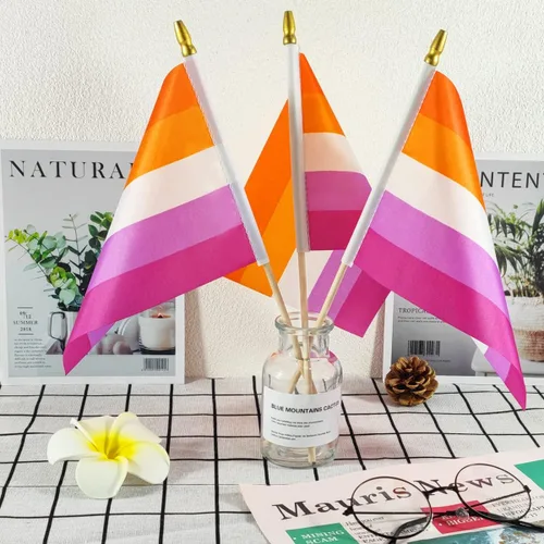 Vista 5 de Newperlite Sunset Lesbian Les Pride Stick Flag - Mini banderas LGBT de mano - Poste de madera maciza y parte superior de lanza, paquete de 12, 5 x 8