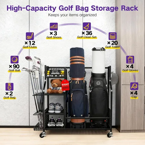 Vista 3 de Organizador de almacenamiento de bolsas de golf, soporte de almacenamiento para bolsas de golf y otros accesorios de equipo de golf, estante