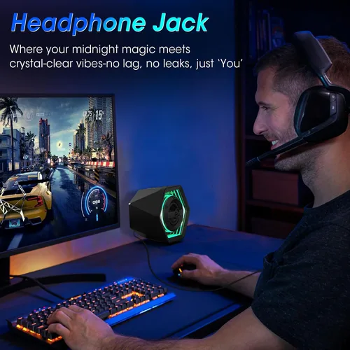 Vista 14 de Altavoces para juegos de computadora, altavoces de escritorio activos de 50 W con espejo infinito túnel 3D RGB (8 modos), Bluetooth 5.3, entrada