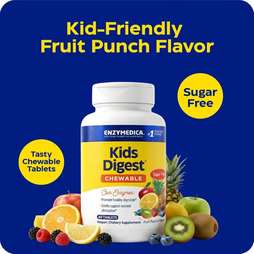 Vista 7 de Enzymedica Kids Digest, enzimas digestivas masticables, sabor natural a ponche de frutas, 60 porciones