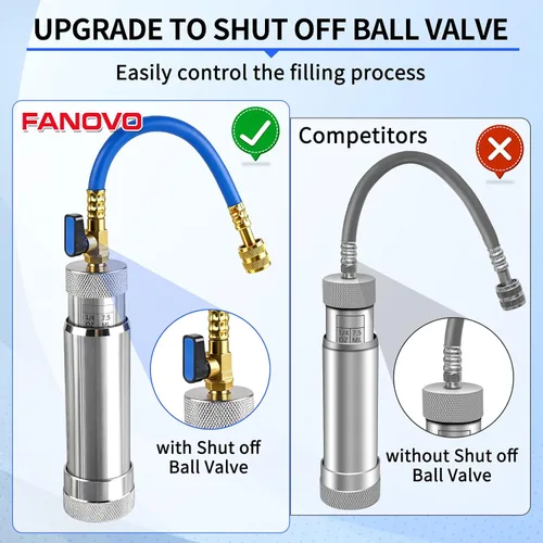 Vista 2 de Inyector de tinte CA FANOVO 1234YF con válvula de bola de cierre y preventor de reflujo Upgrade R1234YF AC Oil Injector, 2 OZ Refrigerant Hand