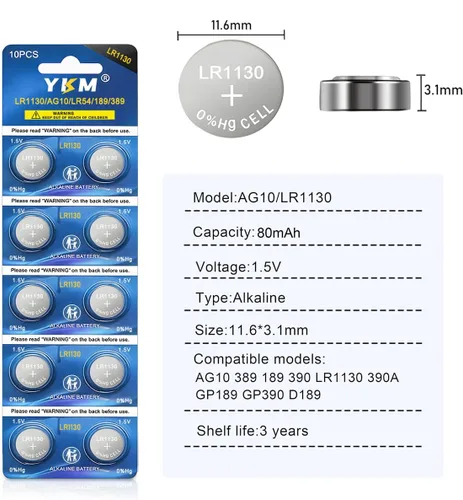 Vista 2 de YKM Paquete de 10 pilas LR1130 AG10 L1131f L1131 L1131c 389 390 LR54 LR 1130 1.5V pilas alcalinas para calculadora reloj batería