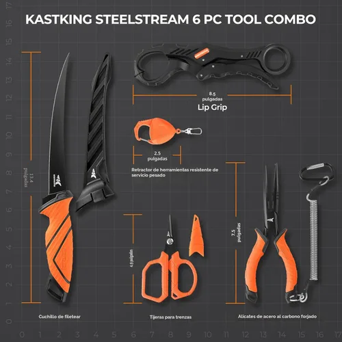 Vista 7 de KastKing SteelStream - Juego de herramientas de pesca de 6 piezas, alicates de pesca resistentes a la corrosión con cordón, cuchillo de filete