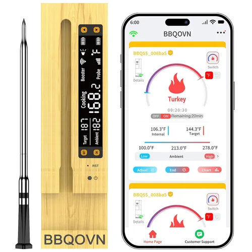 Vista 9 de BBQOVN Termómetro inalámbrico WiFi Sub-1G para carne, rango ilimitado, 7 sensores certificados NIST con temperatura ambiente, 2 formas de monitoreo