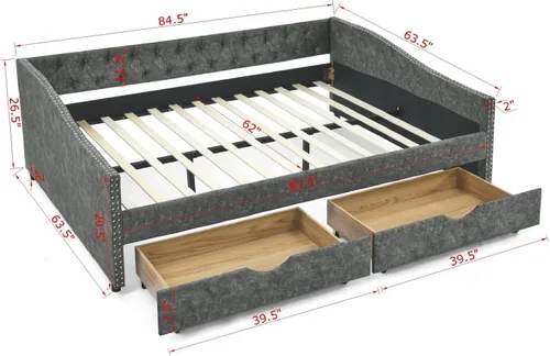Vista 2 de Cama de día con almacenamiento, plataforma Queen con marco de madera maciza, marco de cama tapizado con botones copetudos con 2 cajones extraíbles