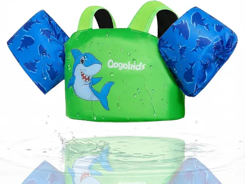 Vista 7 de Gogokids Chaleco de natación para niños pequeños, flotadores para niños de 24 a 66 libras, bonita chaqueta de natación de dibujos animados con arnés