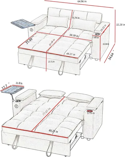 Vista 2 de Auvsoce – Sofá cama convertible de 65 pulgadas con respaldo ajustable, silla reposera, mesa lateral y puertos USB/Type-C – Añadido elegante y Sofá
