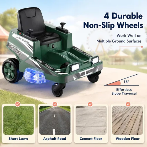 Vista 8 de GLACER Cortacésped de giro cero para niños de 12 V, coche eléctrico con Verde