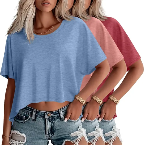 Vista 10 de Huukeay Paquete de 3 camisetas recortadas de gran tamaño para mujer, manga corta, holgadas, cuello redondo, holgadas, para entrenamiento