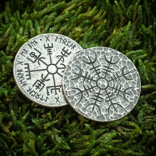 Vista 3 de Ficha nórdica de doble pentagrama en plata - Vegvisir y Yelmo de Awe