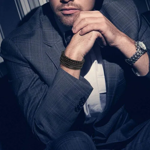 Vista 5 de murtoo - Pulsera de piel con cuentas o abalorios para hombre, cuentas naturales, acero y piel