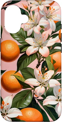 Vista 32 de Carcasa para iPhone 17 con diseño de flores de naranja sobre fondo rosa