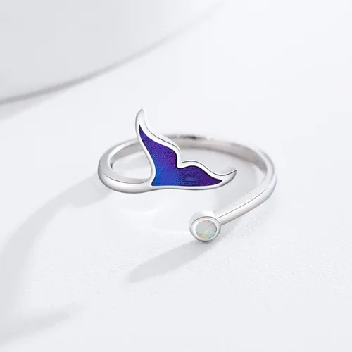 Vista 6 de Anillo de sirena de plata de ley 925 con ópalo oceánico ajustable, anillo abierto, joyería de sirena, regalo para mujeres y niñas, Plata de ley 925