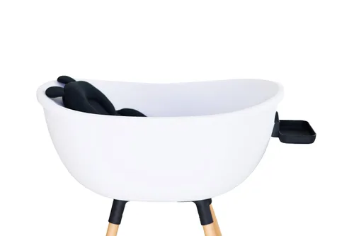 Vista 4 de Bañera de lujo para bebé con soporte de madera, diseño convertible de 3 etapas, ergonómico y protector de espalda (paquete negro (moderno))