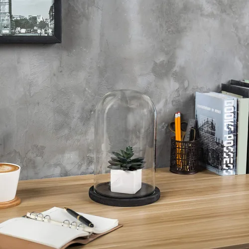 Vista 4 de MyGift The Bell Jar Cloche de cristal con base de madera negra, 10 pulgadas de alto, cúpula de cristal decorativa transparente para plantas Negro