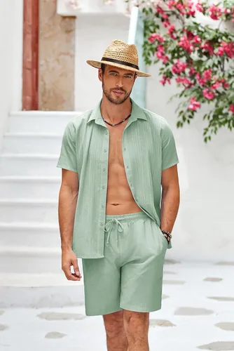 Vista 2 de COOFANDY Conjunto de ropa de playa de algodón Guayabera para hombre, conjunto corto de lino de 2 piezas