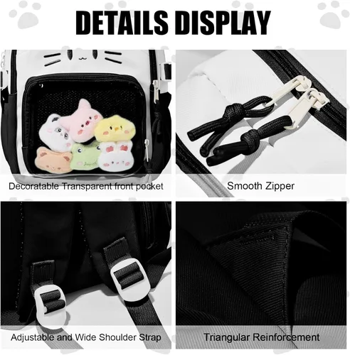 Vista 4 de Bolsa Kawaii Cat Ita, bolso con pines, bolsa con inserto, para uso diario y cosplay, nailon, Negro-blanco, Pequeño, Kawaii