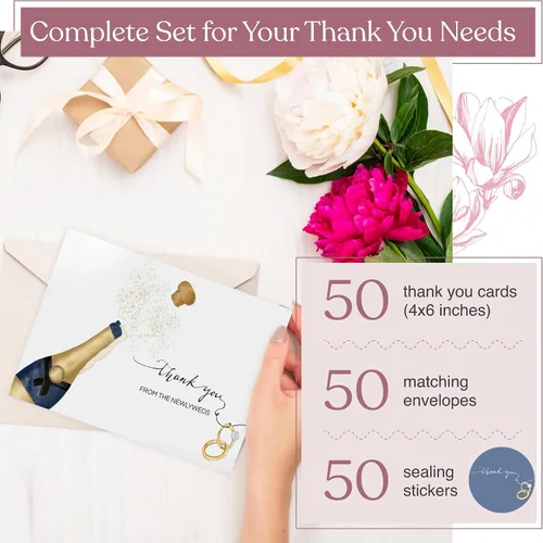 Vista 6 de 50 tarjetas de agradecimiento de boda del nuevo Sr. y Sra. Tarjetas de agradecimiento a granel de 4 x 6 pulgadas con sobres, notas de agradecimiento