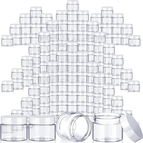 Vista 9 de SATINIOR 100 tarros de plástico con tapas, recipientes pequeños, tapas de boca ancha, pequeños recipientes de plástico para loción, crema, diamantes