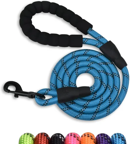 Vista 8 de Correa fuerte para perro de 5/6 pies con mango acolchado suave, cuerda altamente reflectante para caminar por la noche, hebilla de metal giratoria