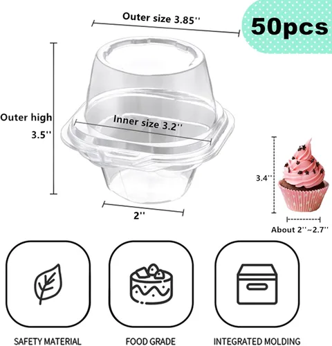 Vista 2 de i-CHONY Soporte individual para cupcakes, cúpula de plástico transparente, portador de magdalenas, contenedores para magdalenas, cajas (50 unidades)