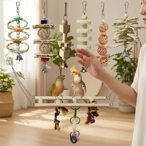 Vista 3 de Wooden Parrot & Parakeet Toys, Multi-Pack Bird Toy Set, Cage Accessories with Perch, 7 Piece Set Style 1