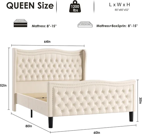 Vista 2 de Generic Base de cama Queen con cabecera tapizada de 52 pulgadas con cabecera alta y plataforma capitoné tapizada en terciopelo con botones Beige
