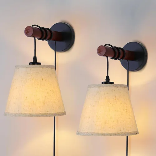 Vista 9 de Apliques de pared enchufables, lámpara de pared de cabecera con brazo de madera, luz de pared de tela con interruptor de encendido/apagado