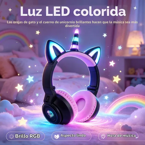 Vista 2 de Auriculares de unicornio para niñas, auriculares Bluetooth de unicornio para niños pequeños, portátil, teléfonos celulares, uso en avión Negro