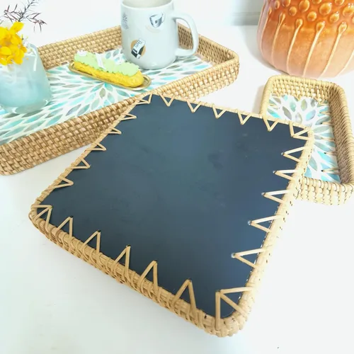 Vista 5 de i-lan Juego de 3 bandejas rectangulares de ratán y nácar azul de 15 pulgadas, bandejas tejidas de ratán natural, rectangulares bohemias, cestas