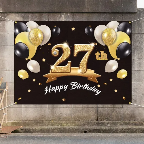 Vista 7 de Telón de fondo de pancarta de feliz cumpleaños 27 – Suministros de decoración de fiesta de cumpleaños 27 para hombres y él – Negro dorado 4 x 6 pies