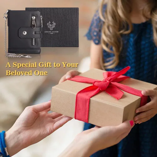 Vista 7 de gzcz Cartera de cadena plegable para hombre de piel auténtica suave con ventana de identificación y tarjetero de crédito minimalista con cremallera