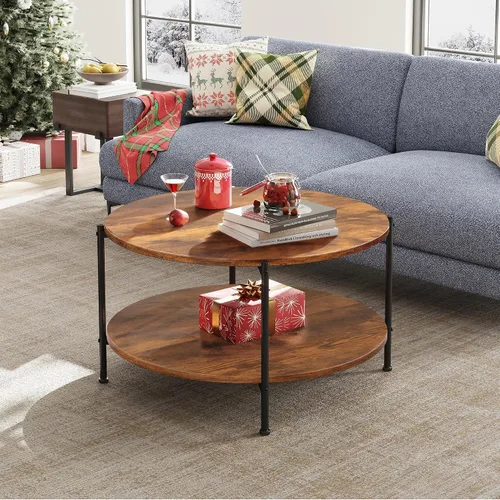 Vista 2 de WLIVE - Mesa de centro redonda, mesa de café pequeña de 32.6" con estante de almacenamiento, mesa de centro de madera de 2 niveles para sala