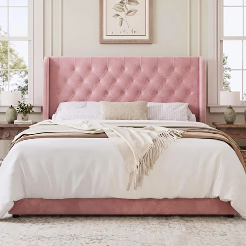 Vista 13 de HOMBCK - Marco de cama tamaño completo, base de cama tapizada en plataforma gris con cabecero, terciopelo acolchado, diseño de ala curvada, listones