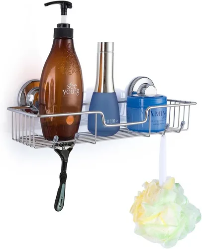 Vista 3 de SANNO Organizador de ducha con ventosa con ganchos, potente ventosa, organizador de almacenamiento combinado de estante de baño, accesorios de baño