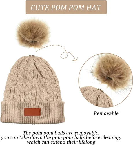 Vista 4 de Gorro de lana de punto para niños de 3 piezas, gorro de invierno cálido con pompón desmontable para niñas de 1 a 3 años