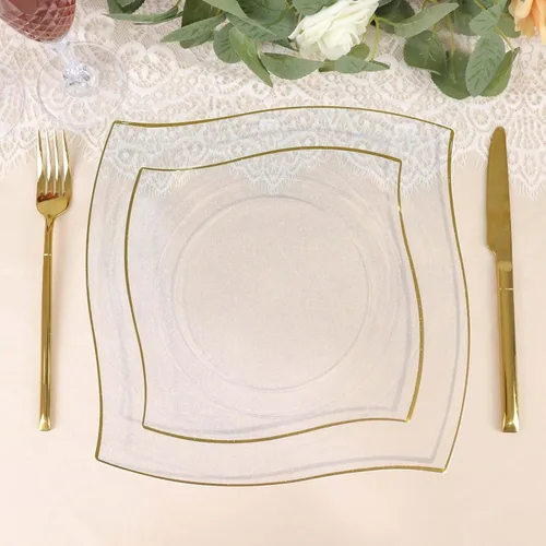 Vista 13 de Efavormart - Paquete de 10 platos cuadrados de postre de plástico con borde ondulado blanco y dorado de 8 pulgadas, elegante vajilla desechable