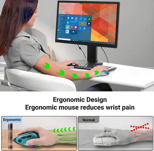 Vista 3 de Ratón ergonómico con Jigger, mouse inalámbrico vertical Bluetooth, mouse óptico recargable LED, portátil (BT5.2 o USB 2.4GHz) modo dual