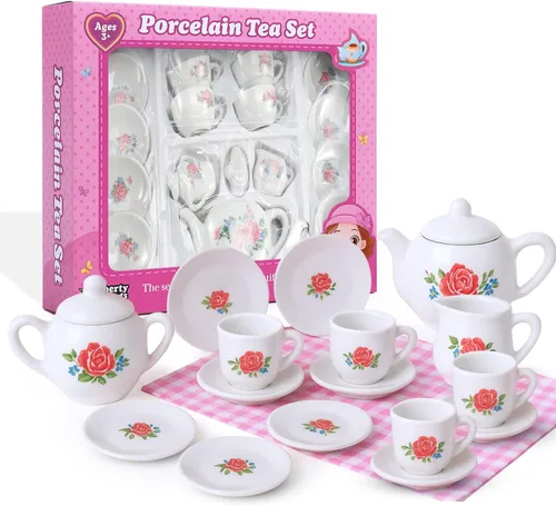 Vista 7 de Juego de té de cerámica de porcelana en miniatura floral de 17 piezas, juego de simulación para niños, juego de cocina pequeño, muñeca divertida
