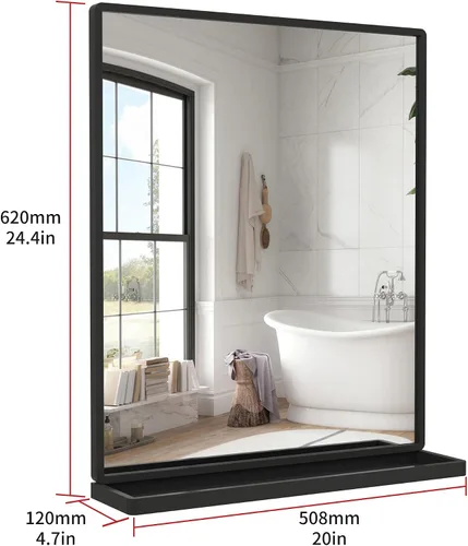 Vista 6 de ANYHI Espejos de baño para pared, espejo de pared de metal con estante, perfecto para sala de estar, dormitorio, entrada, rectangular, vertical Negro