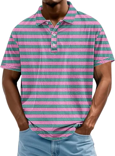 Vista 12 de Camisa polo de manga corta para hombre, camiseta de golf a rayas, de manga corta, para vacaciones, casual, cuello en V, camiseta de verano