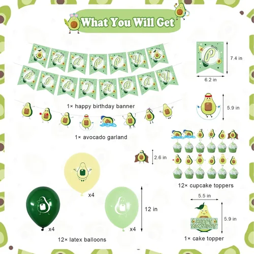 Vista 4 de Decoraciones de cumpleaños de aguacate, suministros para fiestas temáticas de frutas con pancarta de feliz cumpleaños, pancarta de guirnalda