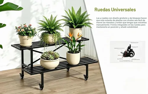 Vista 4 de Zhongma - Soporte de planta de metal resistente de 2 niveles con ruedas
