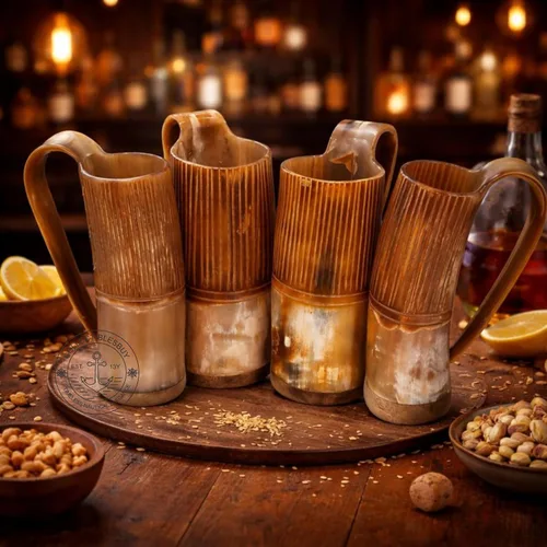 Vista 3 de Juego de 4 tazas estilo vikingo, tazas de cuerno hechas a mano de inspiración nórdica Tazas medievales de cerveza, cerveza Ale & Mead de 8.5 fl oz