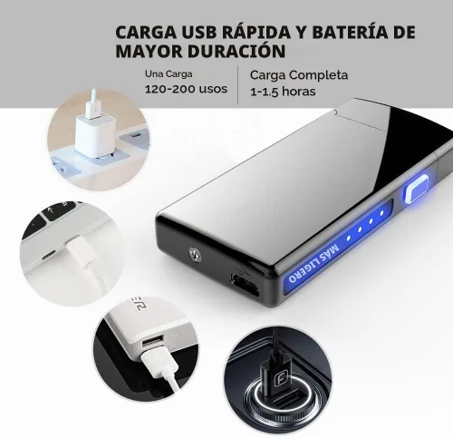 Vista 4 de Encendedor de plasma de doble arco con indicador de batería LED y caja, recargable, resistente al viento, encendedores eléctricos sin llama