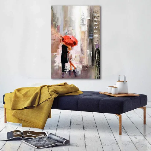 Vista 5 de RUISHI Lienzo decorativo para pared, impresiones giclée modernas, paisaje urbano de Nueva York, pintura romántica, amantes bajo el paraguas rojo